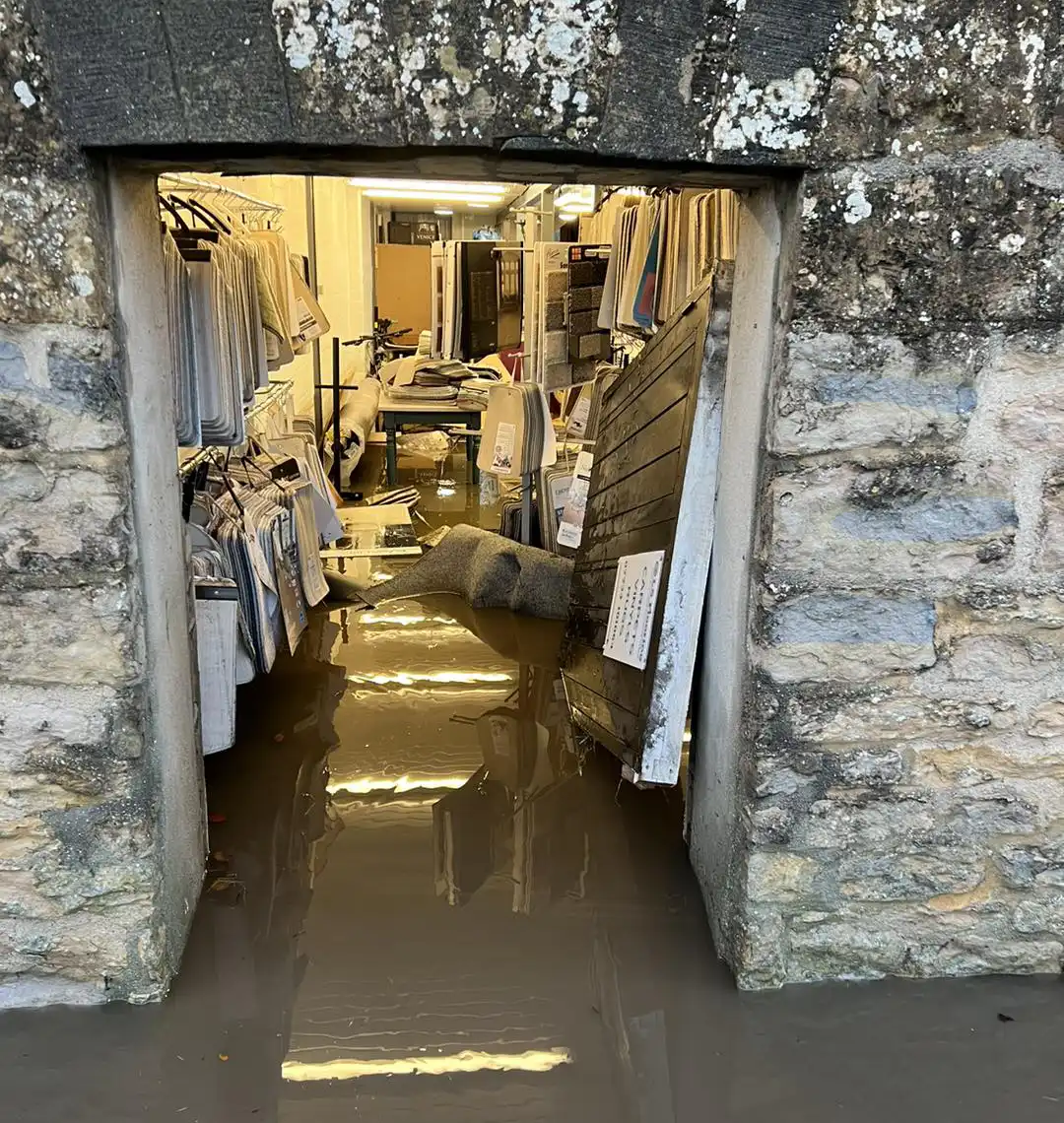 A flood-hit entrance at LS Flooring on Old Yarn Mills in Sherborne