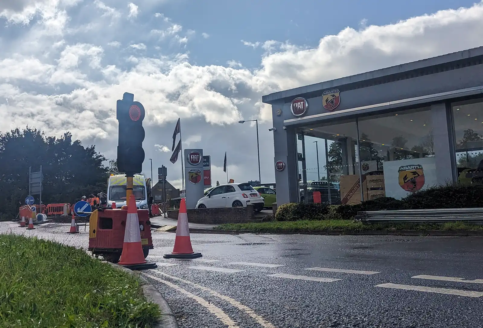 Traffic lights in Dyke's Way, Wincanton, as a water main is dealt with by Wessex Water
