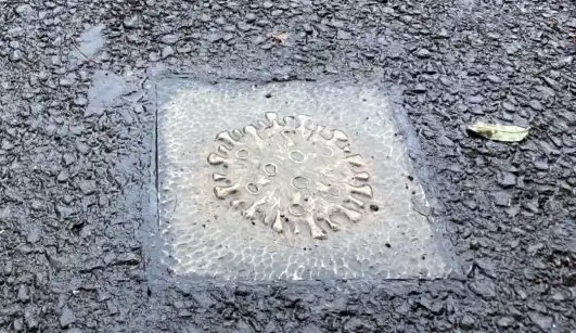 A plaque representing the Covid-19 virus on the path in Shepton Mallet