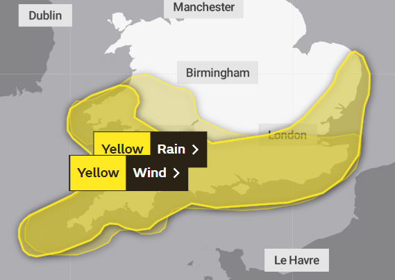 The weather warnings cover much of the south of the country. Picture: Met Office