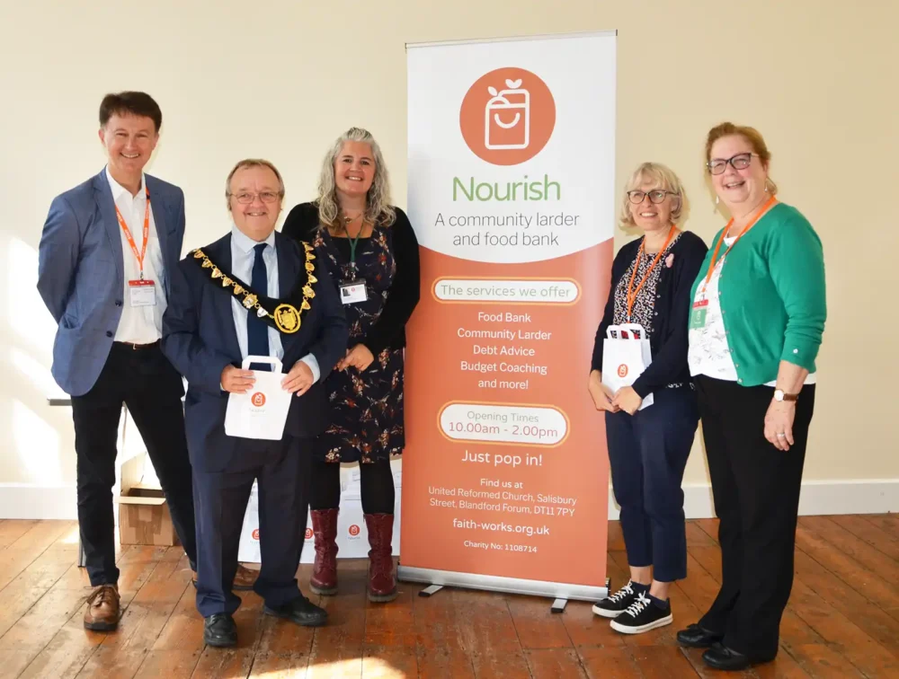 From left: Alistair Doxat-Purser, Mayor of Blandford Cllr Hugo Mieville, Hayley Britton, Heidi Roberts and Gail Del-Pinto from Nourish