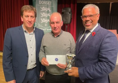 From left to right: Kevan James, former Hampshire CCC player and host of the gala evening; Dave Abbott, chair of Blandford CC; and Nick Douch, from Douch Family Funeral Directors