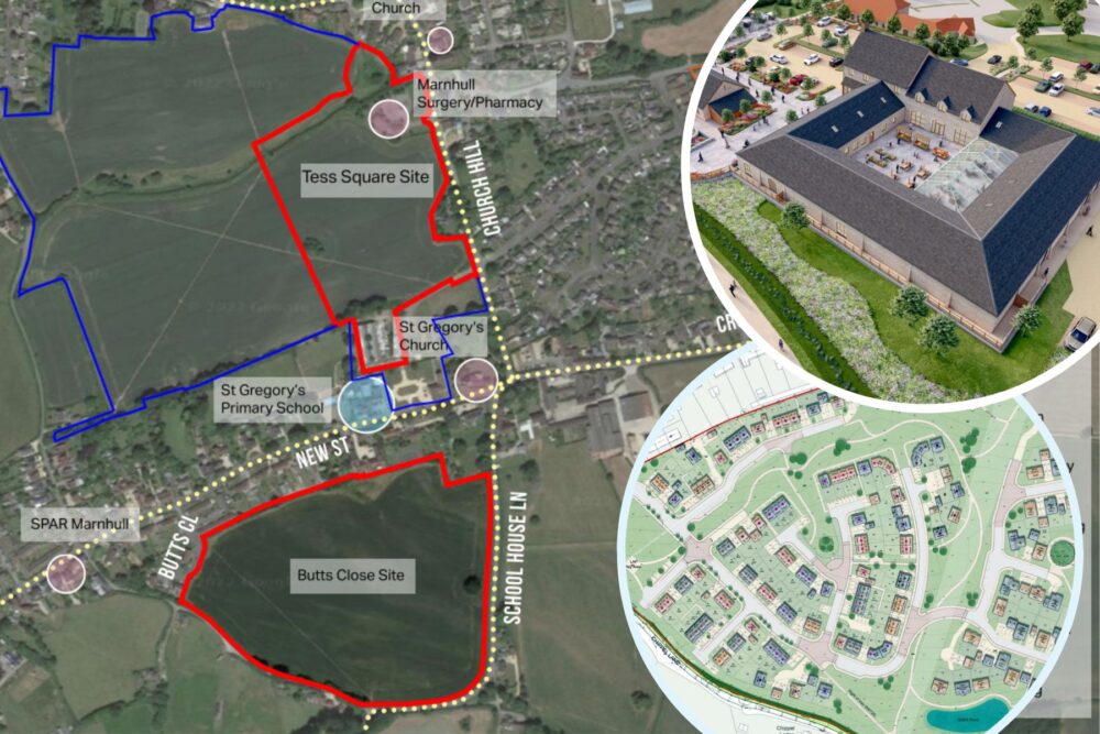 The application is for two sites in Marnhull, and includes more than 120 homes, shops and business premises. Pictures: Bright Space/Dorset Council