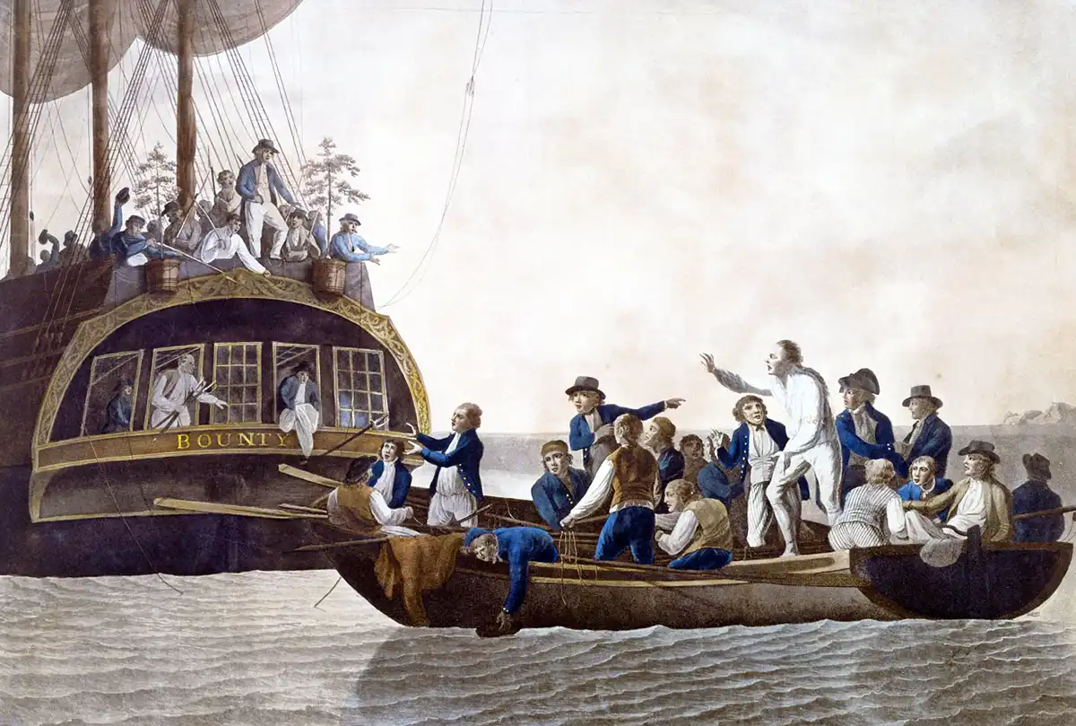 Fletcher Christian and the mutineers set Lieutenant William Bligh and 18 others adrift, depicted in a 1790 portrait by Robert Dodd