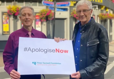 Peter Tatchell with Paul O'Grady at the launch of the Apologise Now campaign
