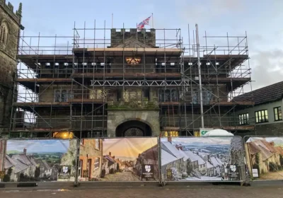 Shaftesbury Town Hall is surrounded by the banners during renovation work