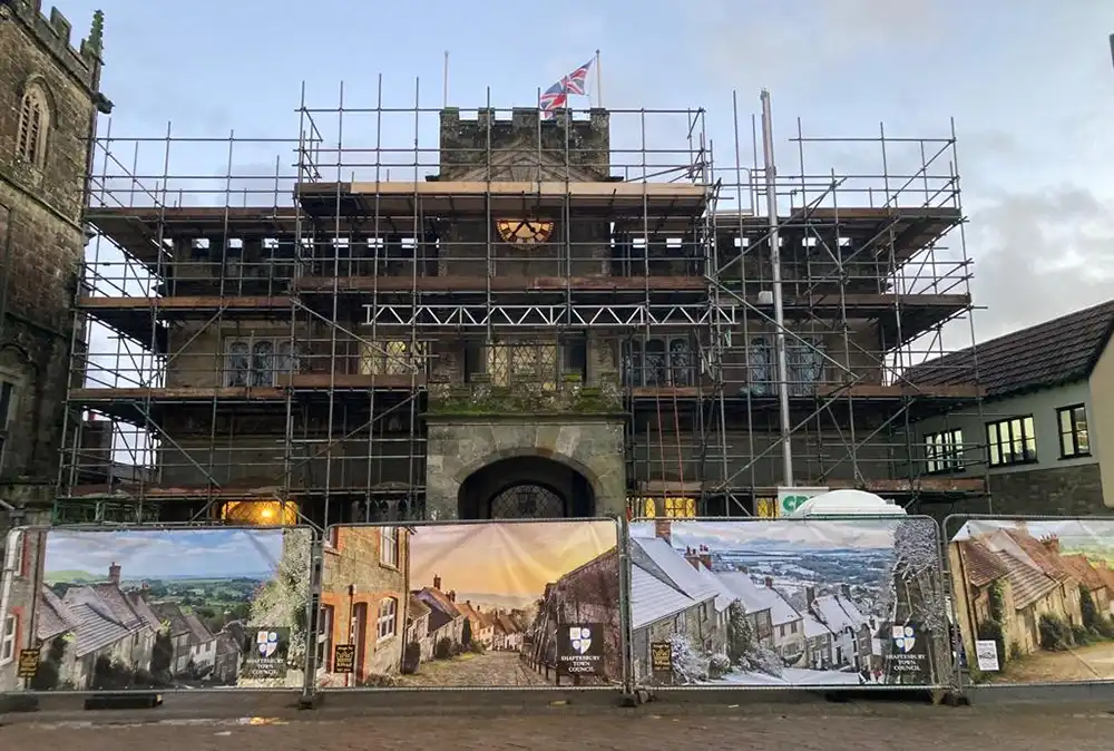 Shaftesbury Town Hall is surrounded by the banners during renovation work