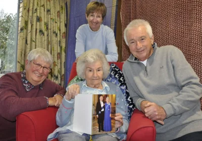 Muriel Caley celebrates her 100th birthday at Newstone House in Sturminster Newton with daughter Faye, left, son Tim and daughter-in-law, Roz