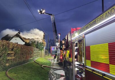 Firefighters tackled the blaze in Langham Lane, Gillingham, on Monday afternoon and into the evening. Picture: DWFRS