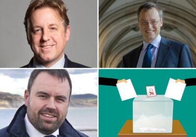 Clockwise from top left: Marcus Fysh, Michael Tomlinson and Chris Loder would face a battle to keep their seats, according to YouGov