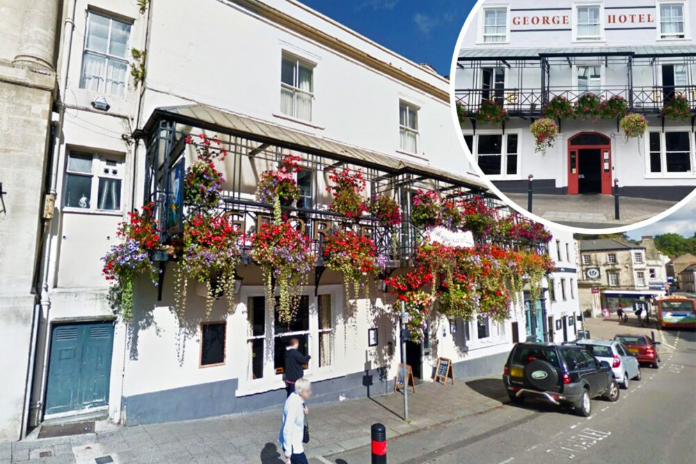 The plans include a change to the signage to the front of the George Hotel in Market Place, Frome. Pictures: Google/Simple Simon Design/Somerset Council