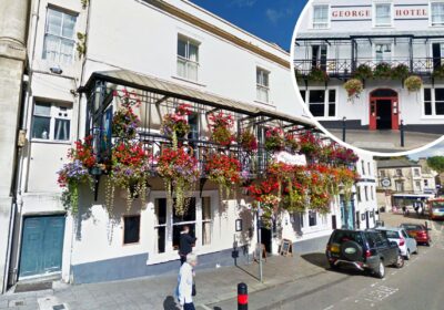 The plans include a change to the signage to the front of the George Hotel in Market Place, Frome. Pictures: Google/Simple Simon Design/Somerset Council