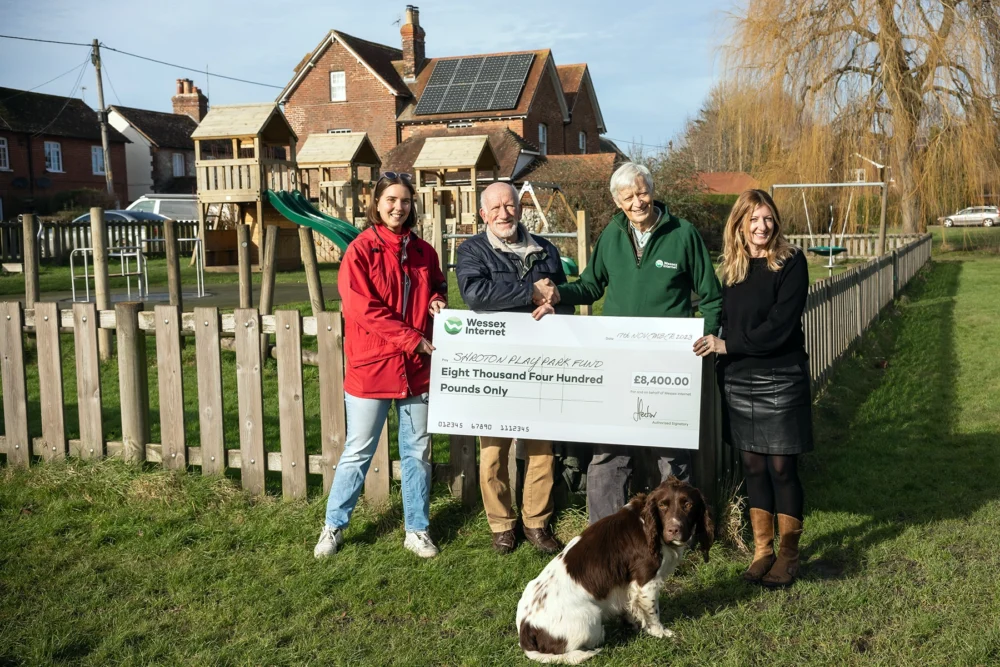 Julia Sullivan, daughter of late Tim Sullivan, previous Chair of Shroton Parish Council; John Gredley, Chair of Shroton Parish Council; James Gibson Fleming, Founder of Wessex Internet; and Natasha Monaghan, the driving force of recent playpark improvements