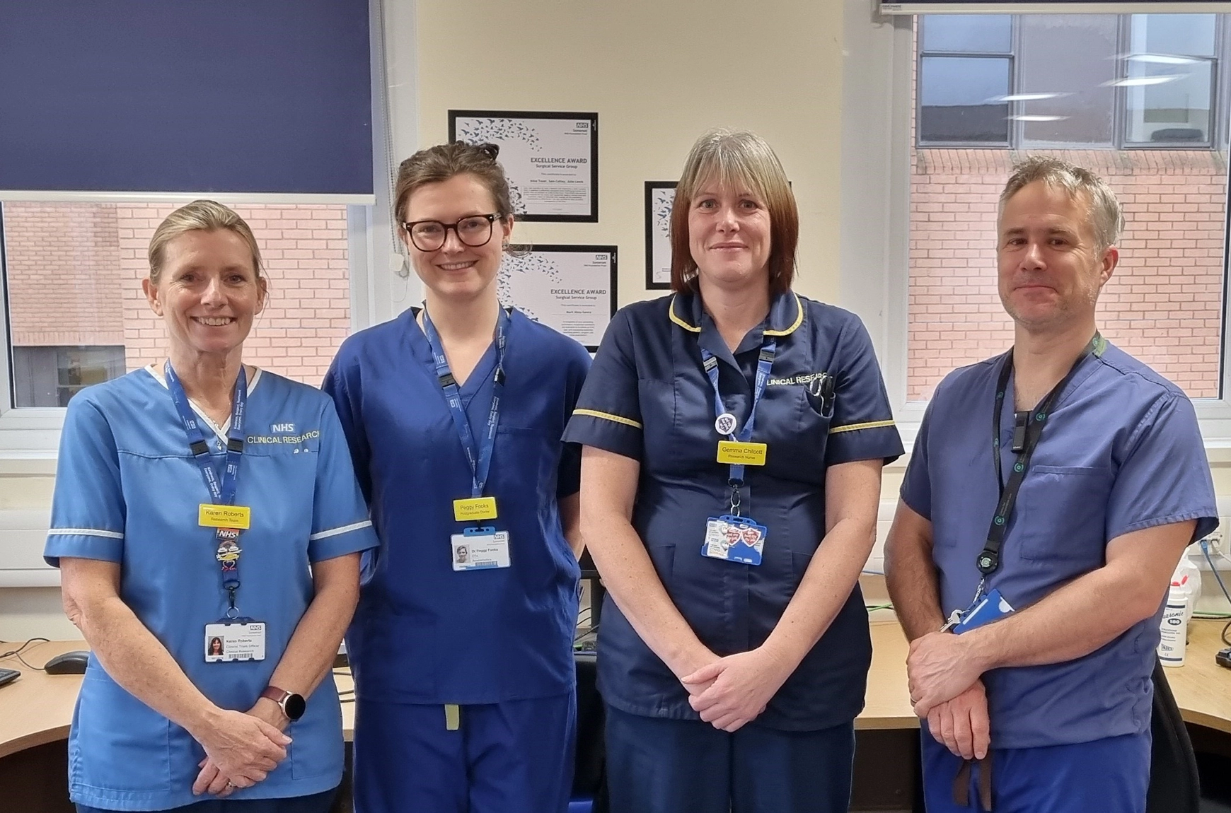 The Musgrove Park Hospital team is pictured (left to right): Karen Roberts - clinical trials officer and wellbeing champion, Dr Peggy Fooks - CT4 in anaesthetics, Gemma Chilcott - clinical research nurse, Dr Tom Teare - consultant anaesthetist