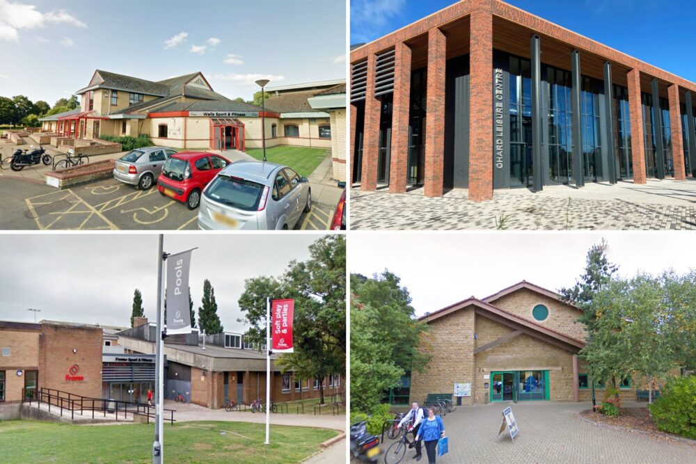 Improvements will be made at leisure centres in, clockwise from top left; Wells, Chard, Yeovil and Frome
