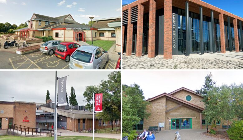 Improvements will be made at leisure centres in, clockwise from top left; Wells, Chard, Yeovil and Frome