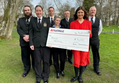 From left to right: Ryan Winter, Kat Perham – Section Leader, Mo Kingshott, Marzena Kirton Darling, Neil Stuart, John Ranger – Specialist Operations Manager at Yeovil Crematorium, with Victoria Poole, Funding Manager – Mind in Somerset