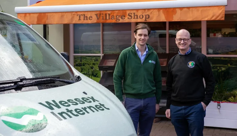 Wessex Internet CEO, Hector Gibson Fleming, left, with proprietor of the Child Okeford Village Shop & Post Office, Andrew Stevenson-Hamilton