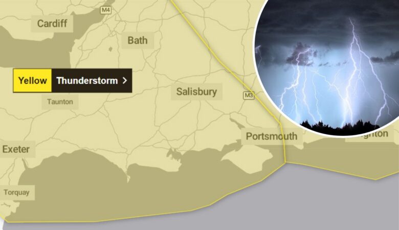 The thunderstorm warning covers much of Somerset, Dorset and Wiltshire. Picture: Met Office