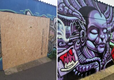 Mural artists in Glastonbury transformed the garage frontage in less than an hour. Pictures: Avon & Somerset Police