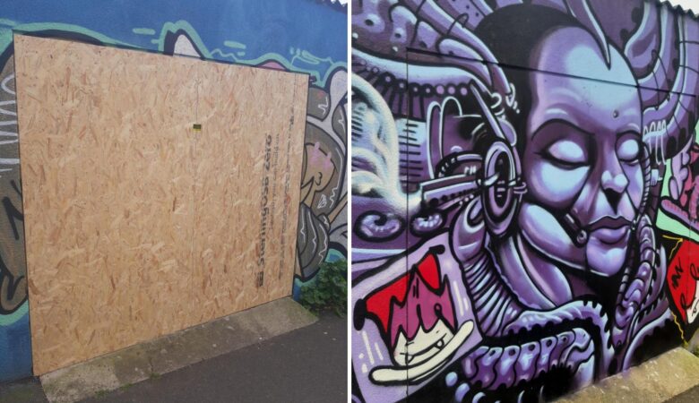 Mural artists in Glastonbury transformed the garage frontage in less than an hour. Pictures: Avon & Somerset Police