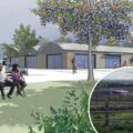 How the new farm shop could look at the proposed services off the A303, inset. Pictures: BPL Architecture/Somerset Council
