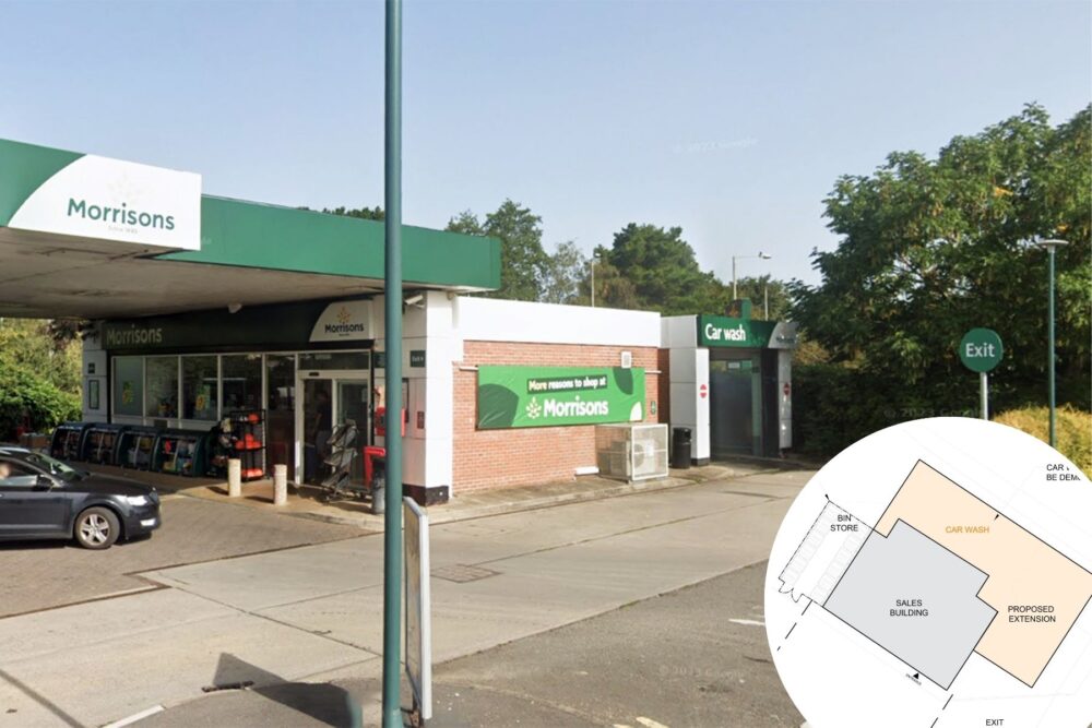 The current car wash at the Morrisons filling station in Wincanton would be demolished. Pictures: Google/MFG/Somerset Council