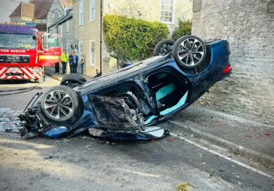 The Audi was left on its roof after a crash in Mere this morning. Picture: Wiltshire Police