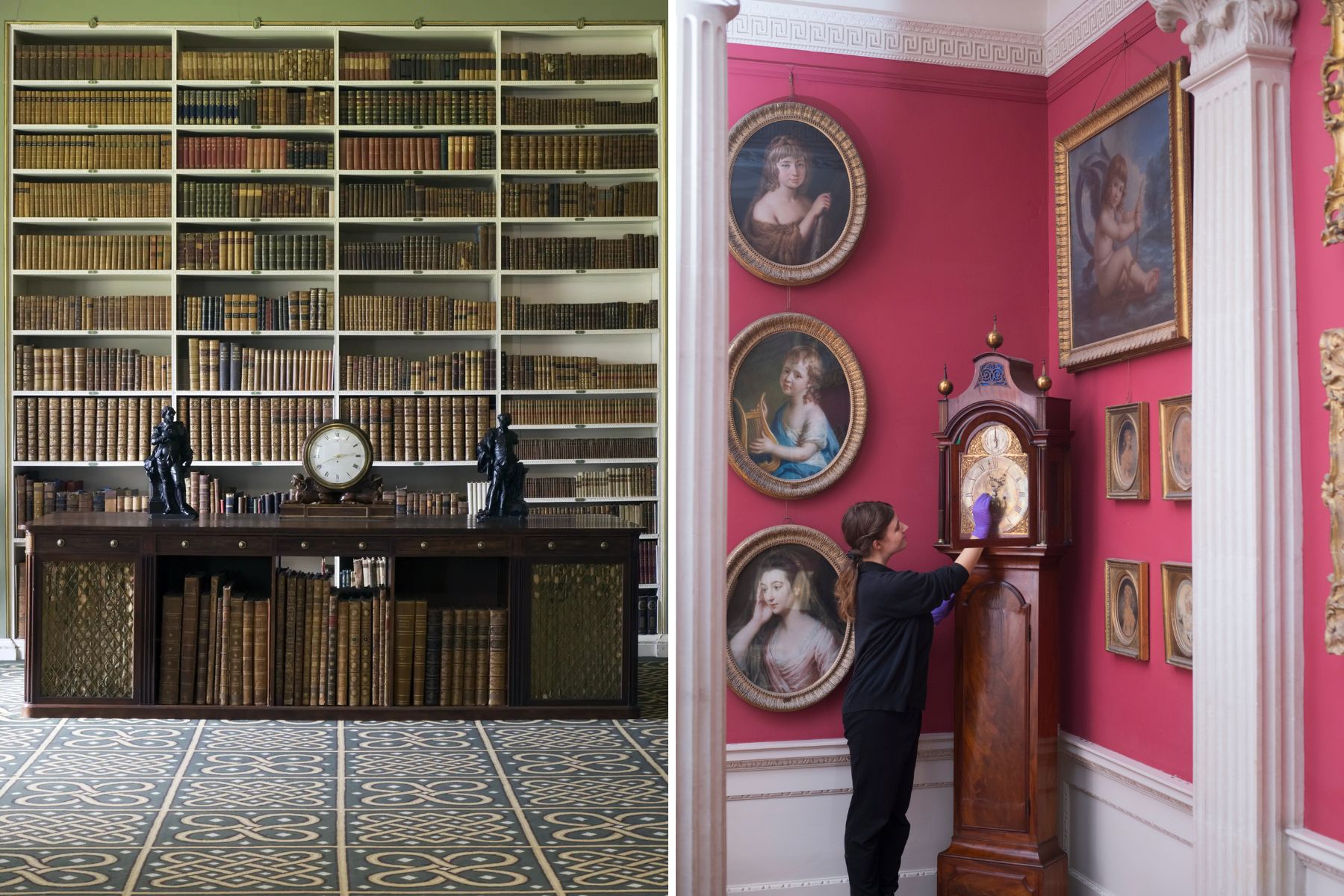 An Egyptian Chippendale mantel clock in the Stourhead library, left, is among those being changed. Pictures: Steve Hayward/National Trust