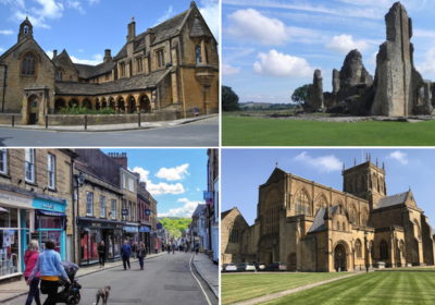 Clockwise: St John's Almshouse, the Old Castle, the High Street and Sherborne Abbey Pictures: Visit Dorset