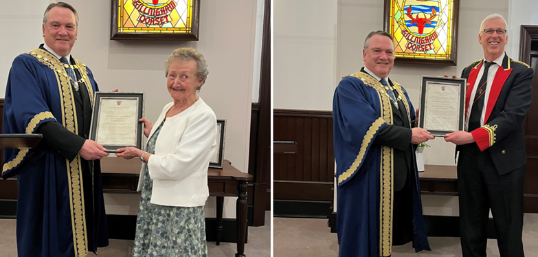Mayor cllr Roger Weeks presenting the awards to Mary and Steve Ingham on behalf og Gillingham Imperial Silver Band Pictures: Gillingham Town Council