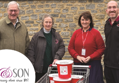 Dike’s director Adam Vincent (right) and Sherborne Food Bank communications volunteer Liz Murray (centre), with customers Mark and Tessa Woodhouse, who contributed a large amount of points to help take the total to more than £650 Picture: Dike & Son