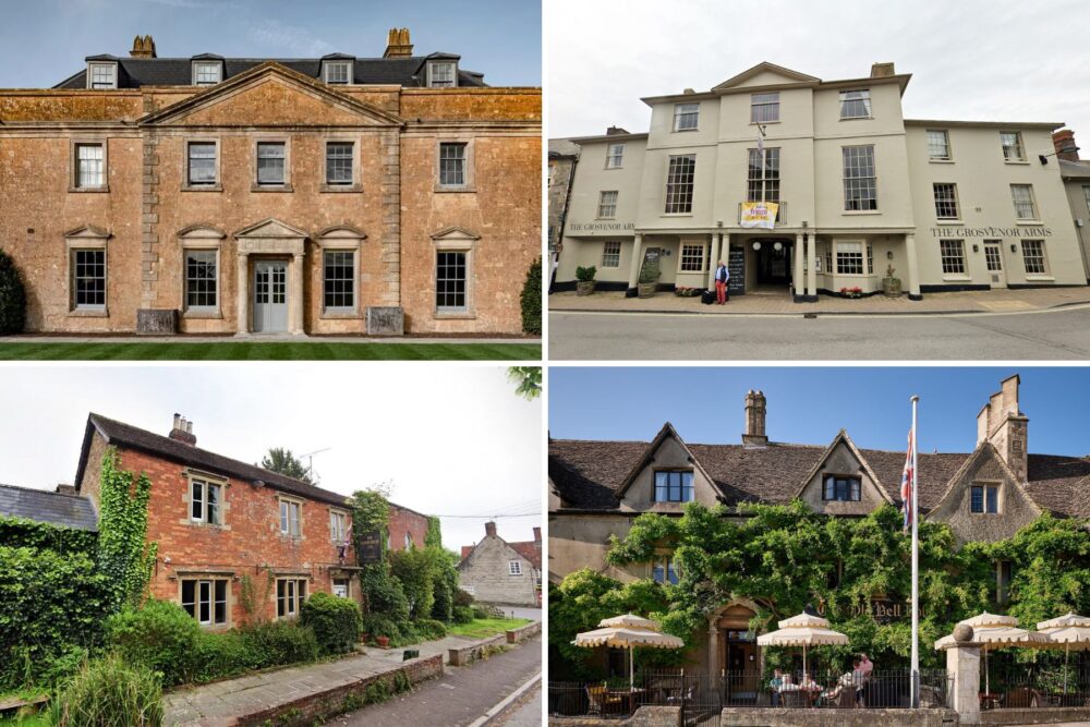 Clockwise from top left: The Newt, the Grosvenor Arms, The Old Bell Hotel and the Manor House