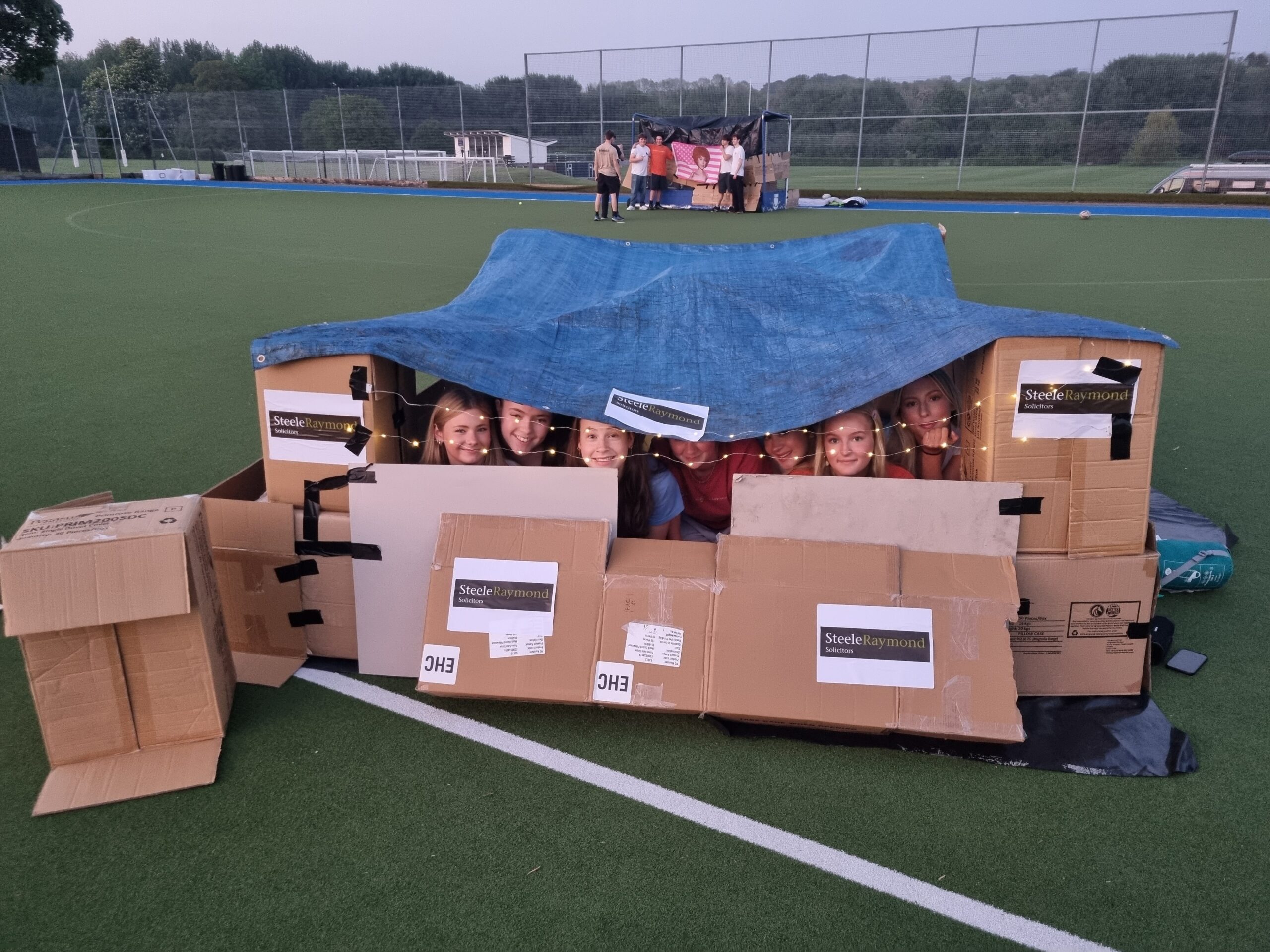 A cardboard shelter design competition at the sleep out, judged by Steele Raymond chairman, Tim Stone and Bryanston head, Richard Jones Picture: Branston School