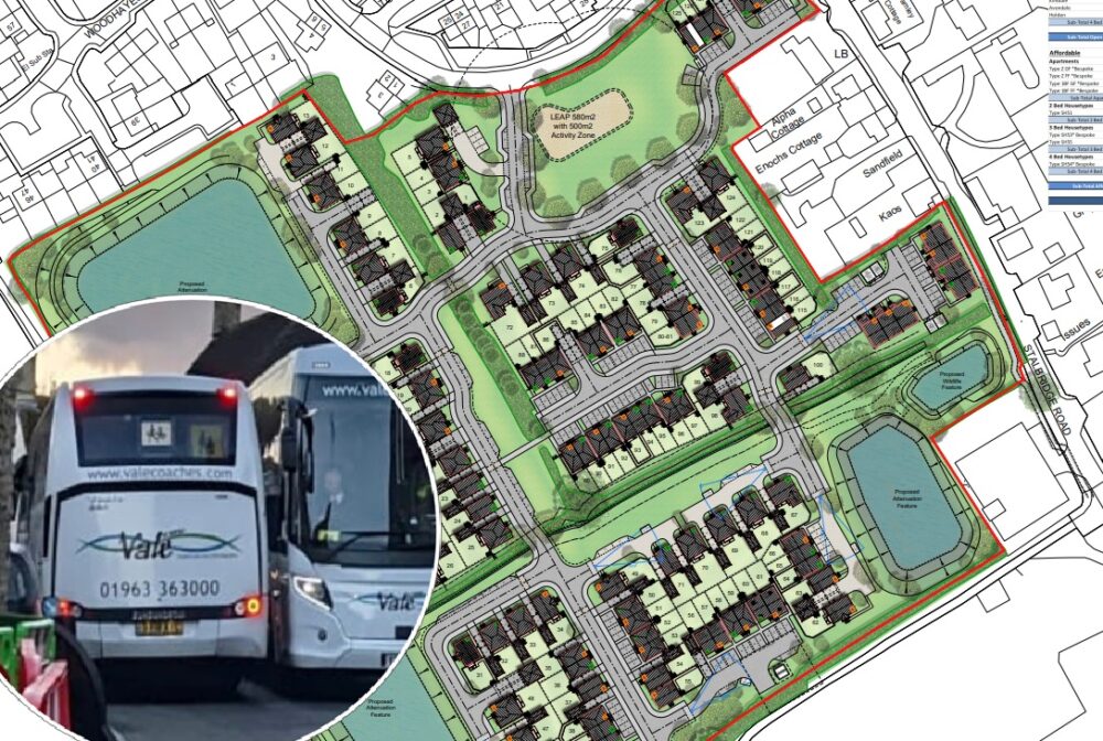 The masterplan for the site with photo (inset) of buses struggling to pas each other through Henstridge Pictures: Roberts Limbrick Architects/Paul Dimishky