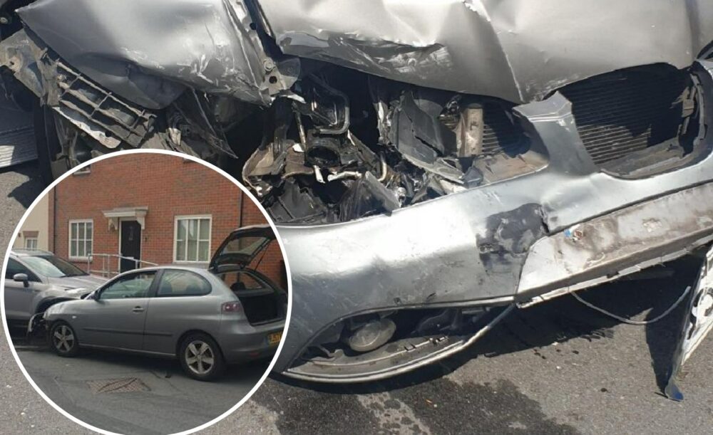 A car was badly damaged in the crash, in Shaftesbury, on Tuesday. Pictures: Dorset Police