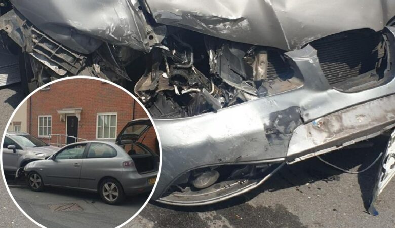 A car was badly damaged in the crash, in Shaftesbury, on Tuesday. Pictures: Dorset Police