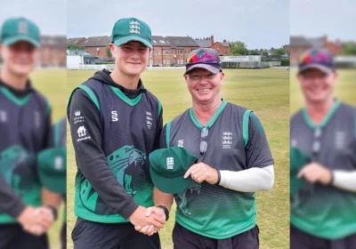 Paul Lawrence, Head Coach of Dorset’s Men’s First team, handing Alfie his cap Picture: Bryanston School