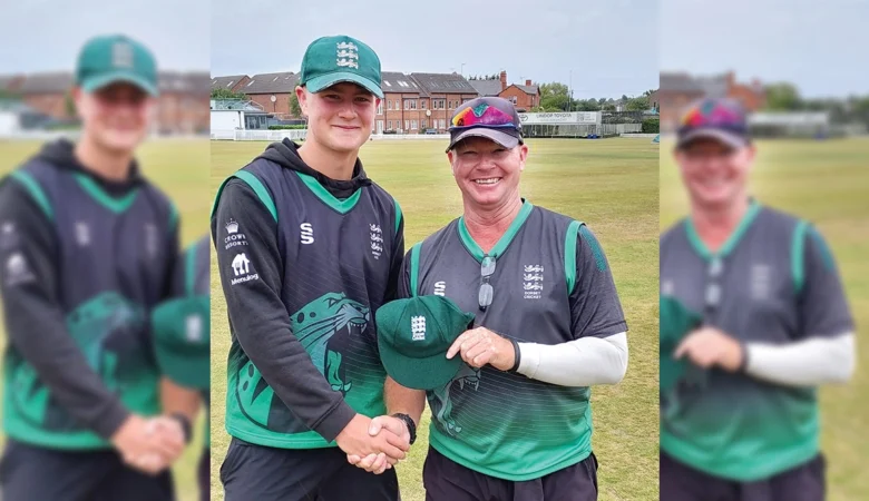 Paul Lawrence, Head Coach of Dorset’s Men’s First team, handing Alfie his cap Picture: Bryanston School