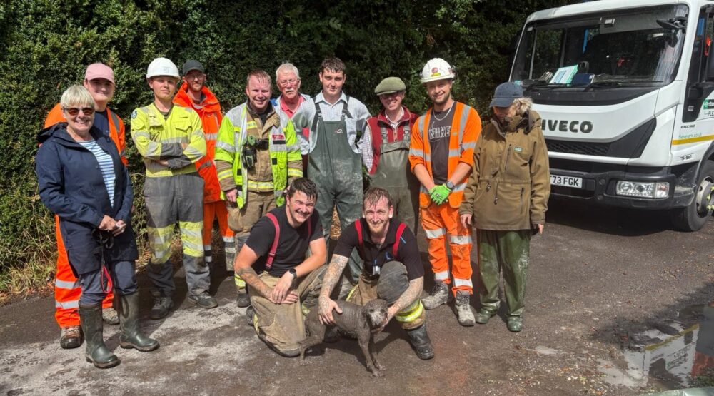 A suitably muddy Ruby with her rescuers Picture: Wiltshire Council