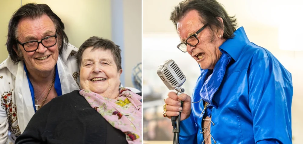 Elvis tribute Martin Fox brought an authentic belt from the King to show residents Picture: Colten Care