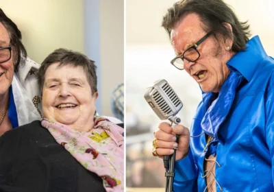 Elvis tribute Martin Fox brought an authentic belt from the King to show residents Picture: Colten Care