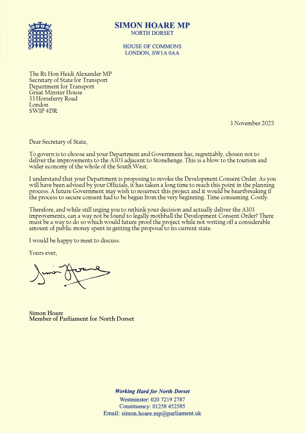 Simon Hoare's letter to Heidi Alexander Picture: Simon Hoare