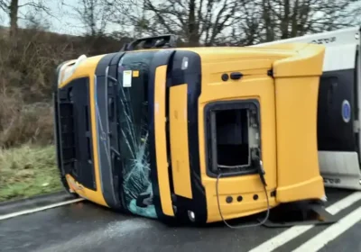The lorry overturned on the A303 east of Mere on Saturday morning. Picture: Highways England