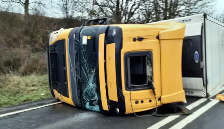 The lorry overturned on the A303 east of Mere on Saturday morning. Picture: Highways England