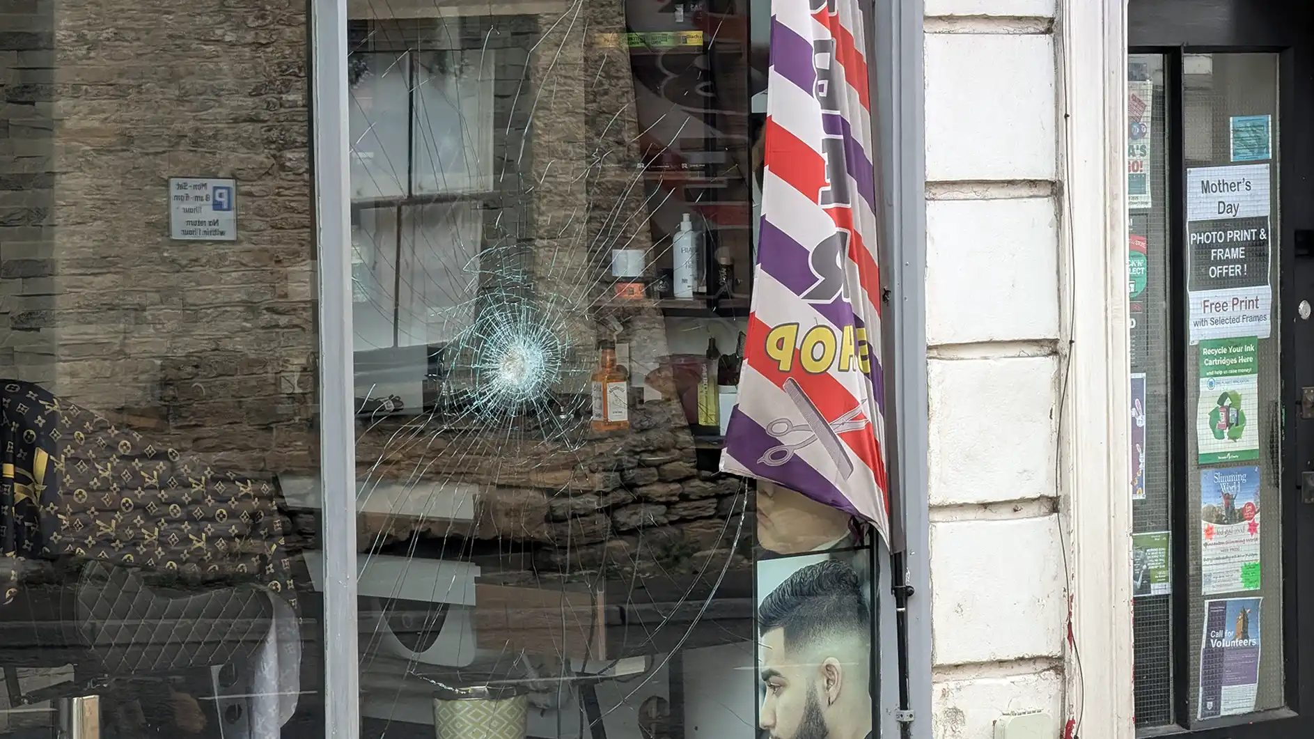Damage could be seen at Razor King Barbershop in Castle Street, Wincanton, on Monday morning. Picture: New Blackmore Vale