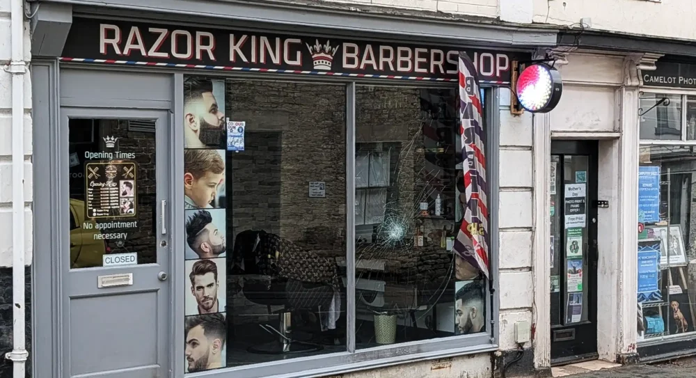 Damage could be seen at Razor King Barbershop in Castle Street, Wincanton, on Monday morning. Picture: New Blackmore Vale