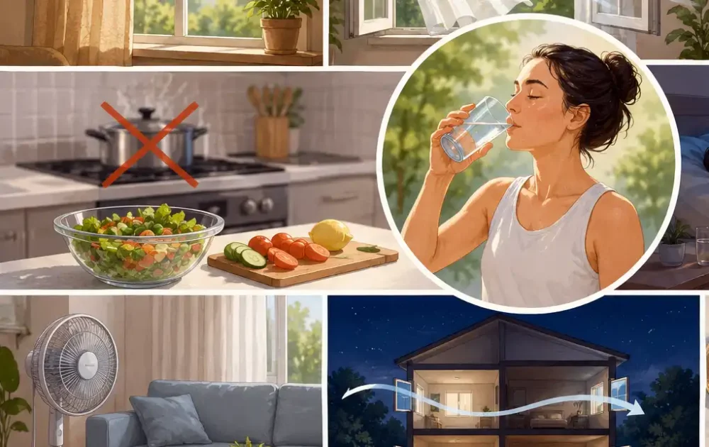 Drinking water regularly, creating a cool through draft at night, and not cooking hot meals are among the tips for staying cool