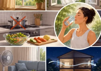 Drinking water regularly, creating a cool through draft at night, and not cooking hot meals are among the tips for staying cool