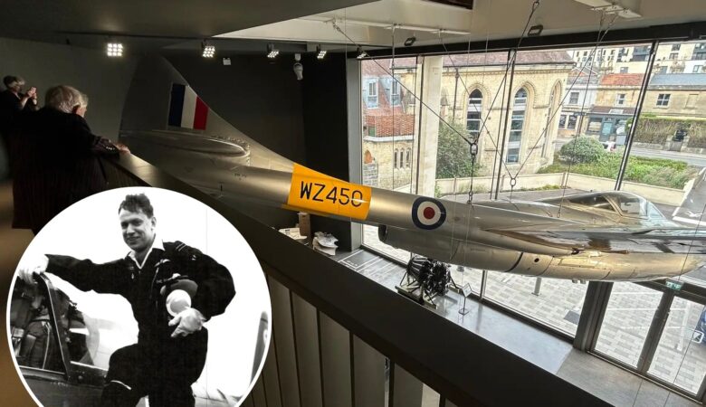 Tony overlooking one of the aircraft he flew and inset, during his career